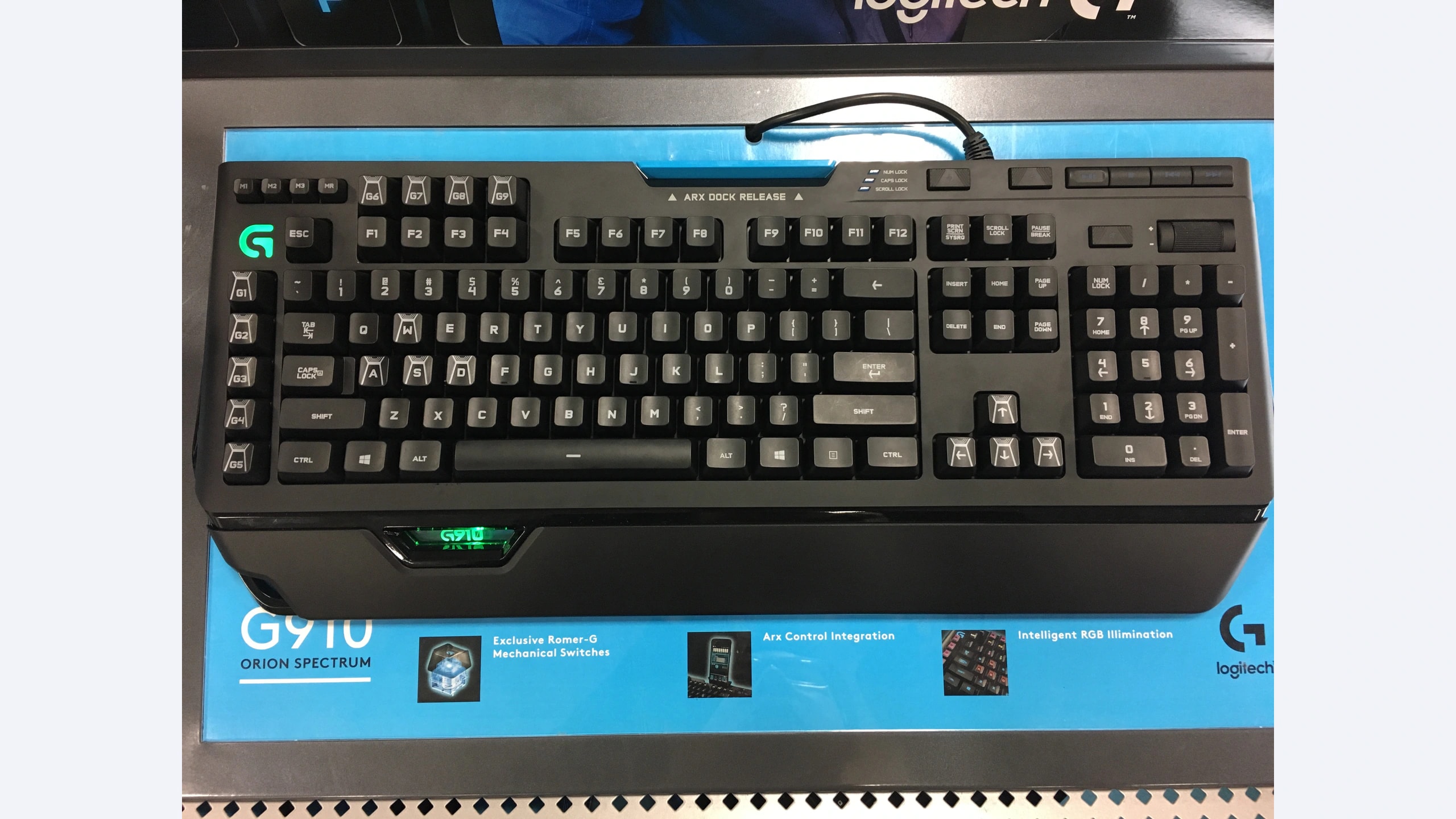 UK ISO Logitech G910 Orion Spectrum keyboard with wrist rest on its display